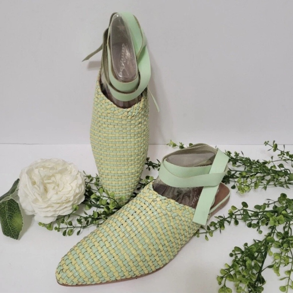 Jeffrey Campbell Khaleesi Mint and Yellow Woven Leather Flats With Ankle Ties